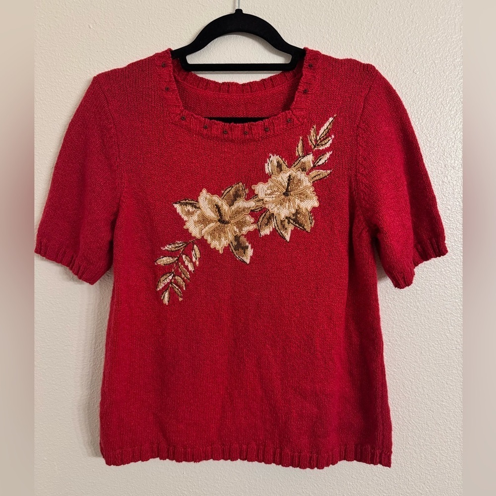 90’s Vintage Koret Red Blend Flowers & Beads Top